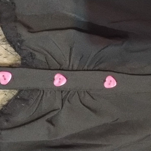 NWOT Black mesh top blouse with pink heart buttons and gathered at the breast - Picture 6 of 7